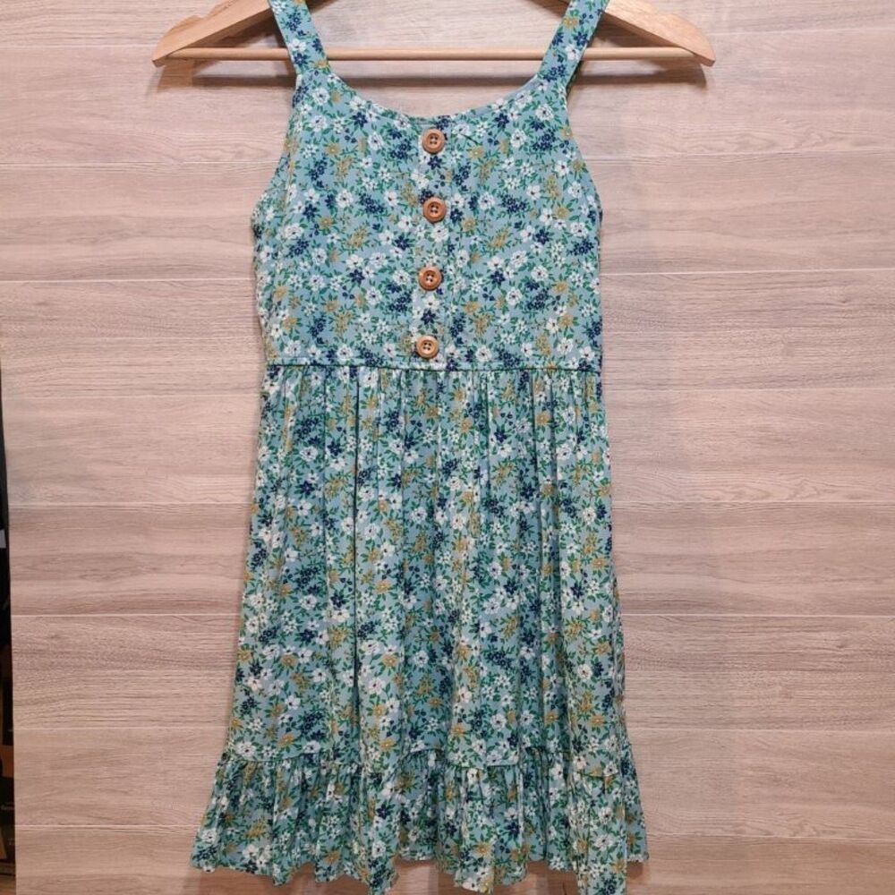 Zunie Girls Floral Sundress Size S 7/8 Blue Green Prairie Boho Ruffle Hem Summer